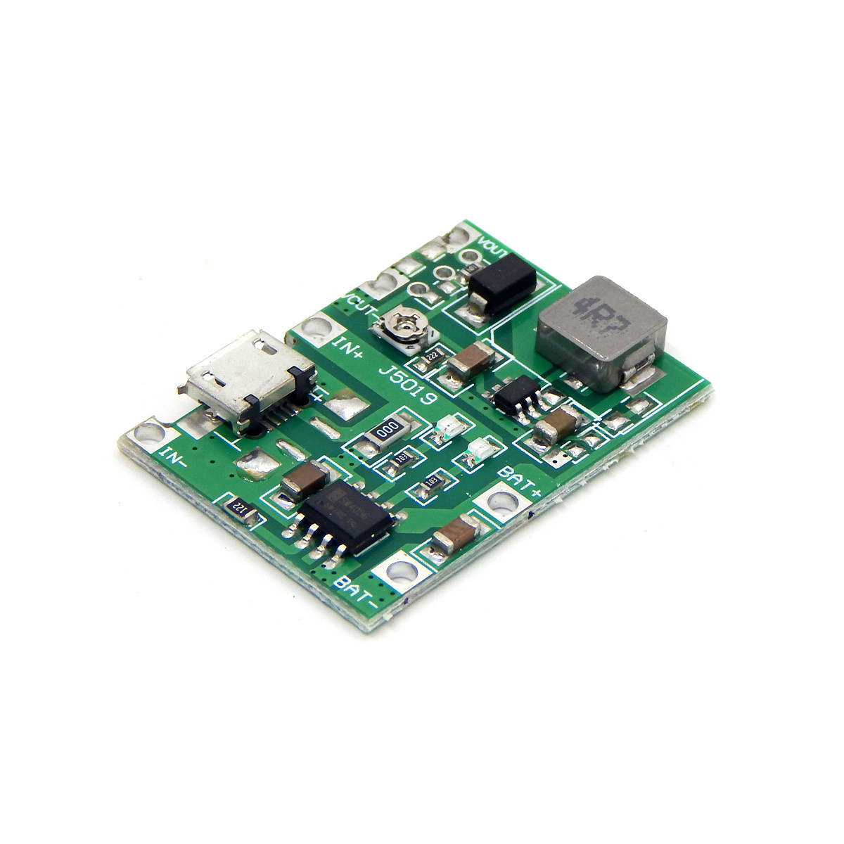 Модуль зарядки та підвищувальний перетворювач DC-DC J5019 5В 2А microUSB для Li-Ion акумулятора, фото 1