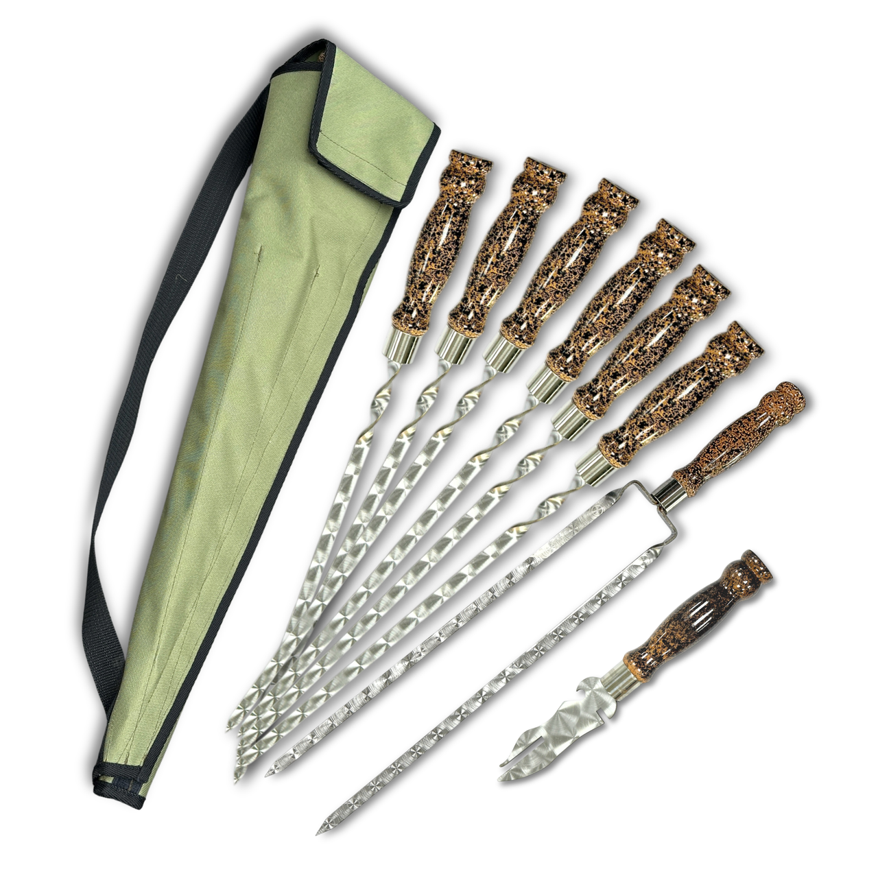 Набір шампурів Ліра 6/1/1 мармурова ручка в зеленому чохлі, фото 1