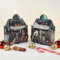 Подарункова новорічна коробка з картону для цукерок і солодощів 1000 г №201 "Новорічний будинок" упаковка для цукерок