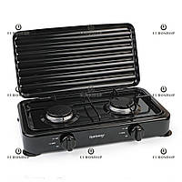 Плита газова настільна з кришкою Rainberg RB-2229 2 конфорки під газовий балон, газовий таганок на 2 комфорки, чорна