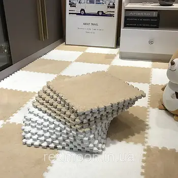 10шт Килим-пазл плюшевий, 30×30см, Білий з бежевим / М'які пазли на підлогу / Дитячий килим пазл з ворсом