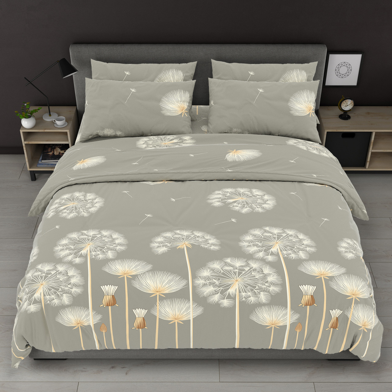 Постільна білизна Королева Ночі (Бязь) | Полуторний комплект | 50х70 | Кульбаби на сіро-бежевому, фото 1