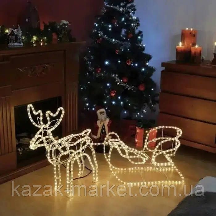 Декоративний новорічний олень із санками 110 х 46 см із дроту світний теплий колір, фігурка оленя новорічна, фото 1