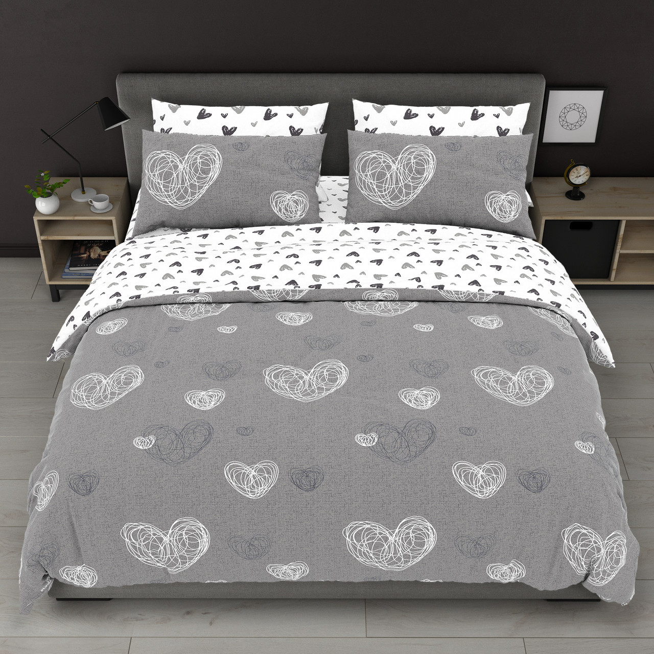 Постільна білизна Королева Ночі (Бязь) | Полуторний комплект | 50х70 | Серця на сірому та білому, фото 1