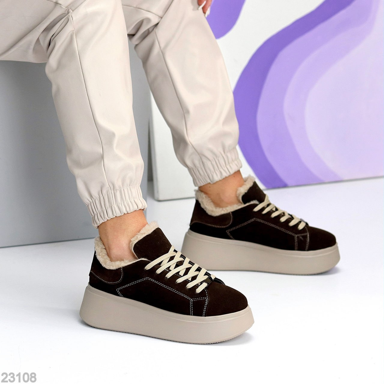 Жіночі зимові коричневі кеді , жіночі зимові кросівки на високій підошві, зимові жіночі кеди на високій підошві, фото 1