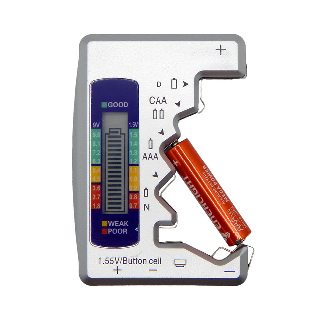 Універсальний тестер батарейок - вимірювач заряду AA, AAA, C, D, 9V і кнопкових елементів Універсальний тестер батарейок - вимірювач заряду AA, AAA, C, D, 9V і кнопкових елементів
