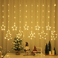 Гірлянда штора з пультом, від USB, 3x0,8 м, Зірки + різні лампи, Теплий білий/Гірлянда на вікно/Гірлянда на штору