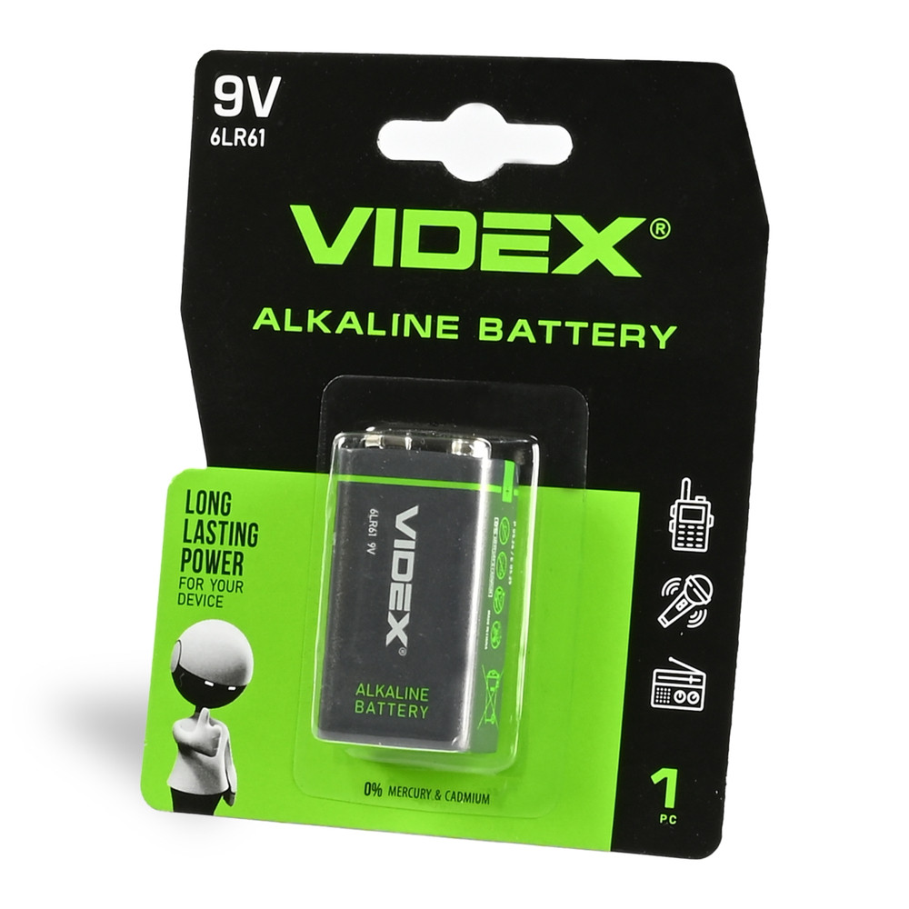 Лужна батарейка Videx 6LR61 / 9V (Крона) — Alkaline Battery, 1 шт, BLISTER, фото 1