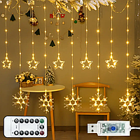 Гірлянда Штора Зірки та Сніжинки від USB, 3х0, 9 м, 10 фігур, Теплий білий / Новорічна гірлянда на вікно