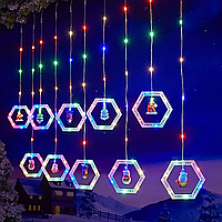 Гірлянда штора з пультом, від USB, 3x0,6 м, шестикутник із фігурками, Мультиколірна/Норічна гірлянда