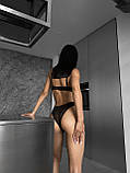Зручний чорний комплект з бюстгалтером на кісточках + стрінги: повсякденна білизна з декором сердечок, фото 2
