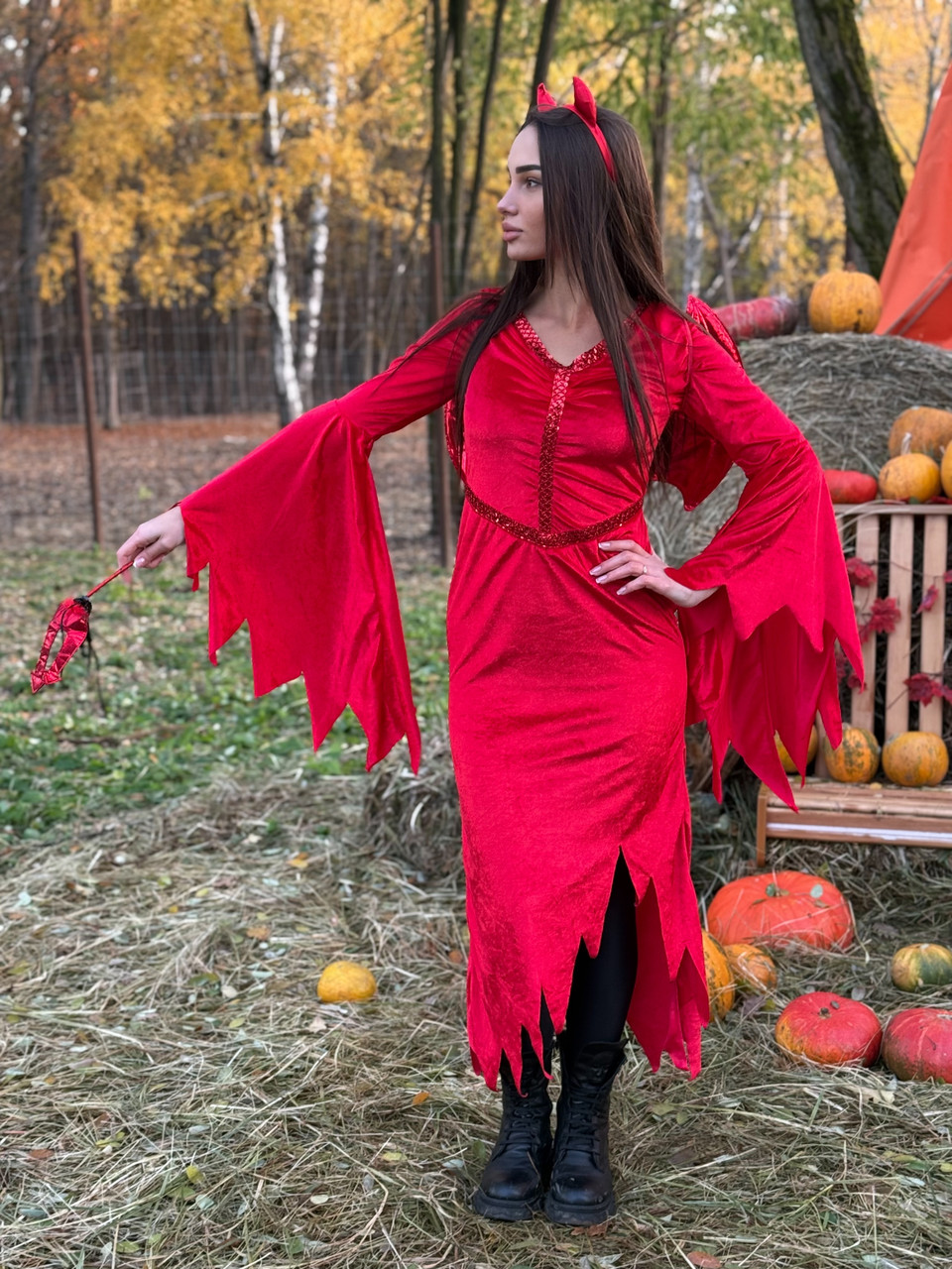 Костюм Диявола на Хелловін Яскравий костюм Дьявола з рогами та крилами, фото 1