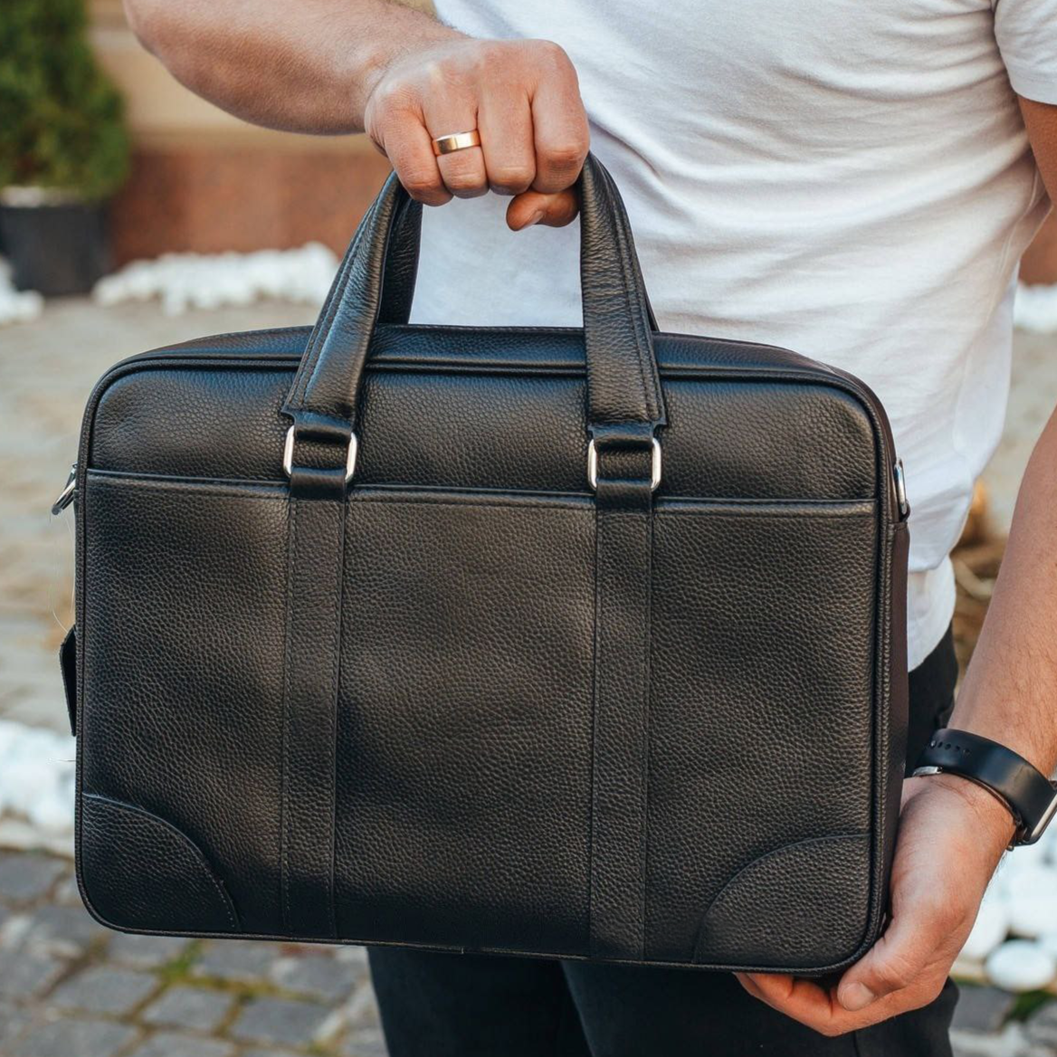Шкіряна чоловіча сумка для документів та ноутбука 40x30x8, портфель для офіса SL-21511, чорний, фото 1