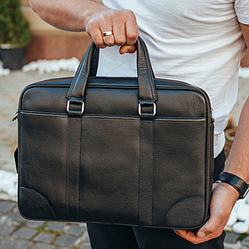 Шкіряна чоловіча сумка для документів та ноутбука 40x30x8, портфель для офіса SL-21511, чорний