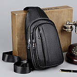 Чоловіча шкіряна сумка-бананка на одне плече 18х32х7, рюкзак слінг для телефону та дрібниці TIDING BAG 83228 чорний, фото 5