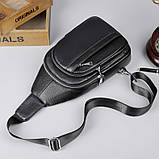 Чоловіча шкіряна сумка-бананка на одне плече 18х32х7, рюкзак слінг для телефону та дрібниці TIDING BAG 83228 чорний, фото 8