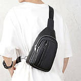 Чоловіча шкіряна сумка-бананка на одне плече 18х32х7, рюкзак слінг для телефону та дрібниці TIDING BAG 83228 чорний, фото 10