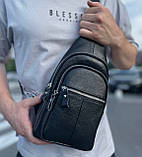 Чоловічий нагрудний шкіряний слінг 18х32х7, сумка-рюкзак через плече TIDING BAG-MK 83423 чорна, фото 2