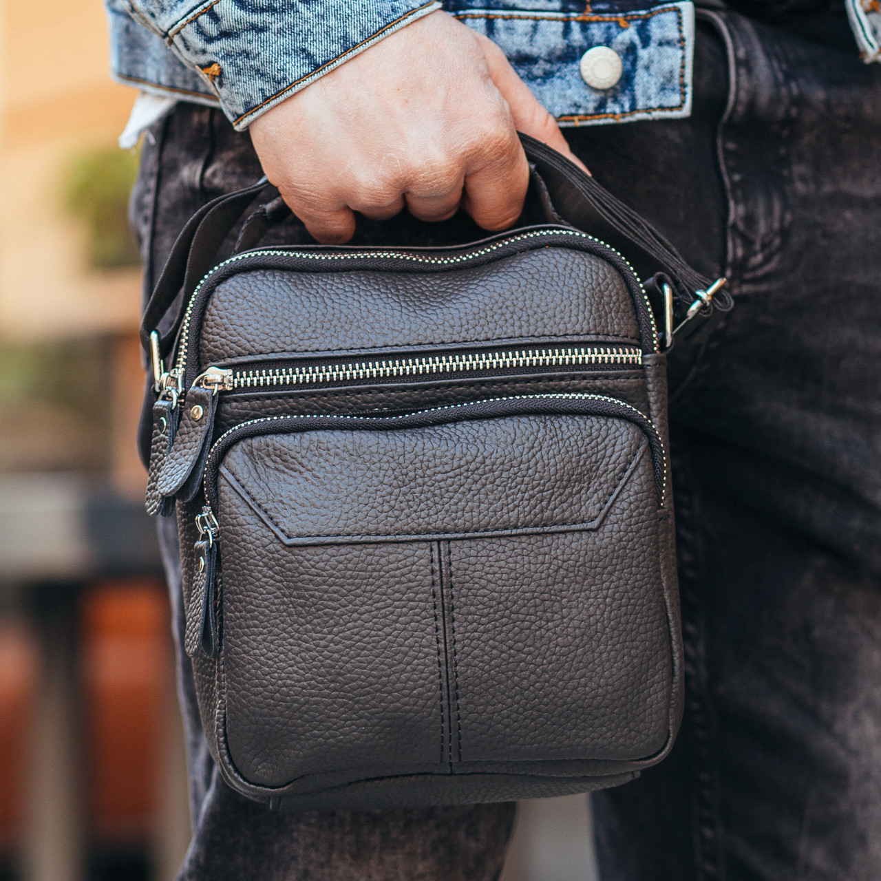 Чоловічий шкіряний месенджер 18x22x8, сумка планшет через плече Tiding Bag A25F-1519A чорний, фото 1