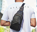 Чоловічий слінг через плече 18х32х7, шкіряна бананка нагрудна, сумка рюкзак Tiding Bag 33737 чорна, фото 5