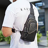 Чоловічий слінг через плече 18х32х7, шкіряна бананка нагрудна, сумка рюкзак Tiding Bag 33737 чорна, фото 8