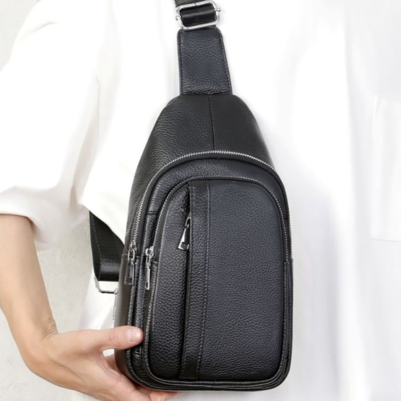 Чоловіча шкіряна сумка-бананка на одне плече 18х32х7, рюкзак слінг для телефону та дрібниці TIDING BAG 83228 чорний, фото 1