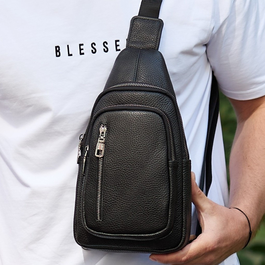 Сумка слінг чоловіча через плече 19х31х7, нагрудна сумочка рюкзак з натуральної шкіри TIDING BAG 32545 чорна, фото 1