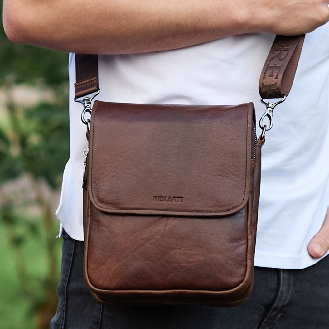 Барсетка з клапаном через плече 24х20х6, чоловіча сумка з гладкою шкірою Tiding Bag TD-81020 коричнева, фото 1