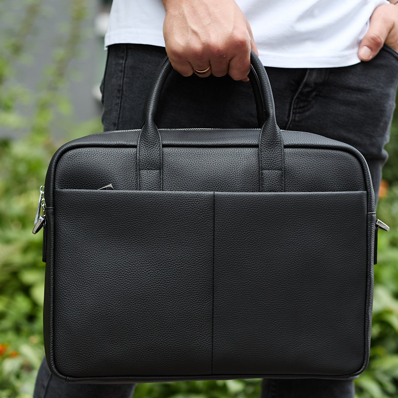 Чоловічий портфель на плече 38х28х8.5, офісний шкіряний месенджер, чоловіча ділова сумка для міста, чорна, фото 1