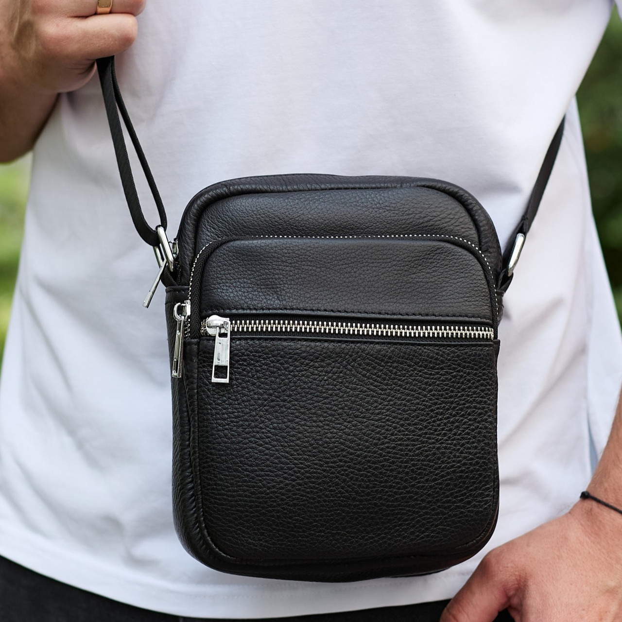Чоловіча шкіряна барсетка 21х17х7, сумка для міста, компактний месенджер для щоденного використання, чорна, фото 1