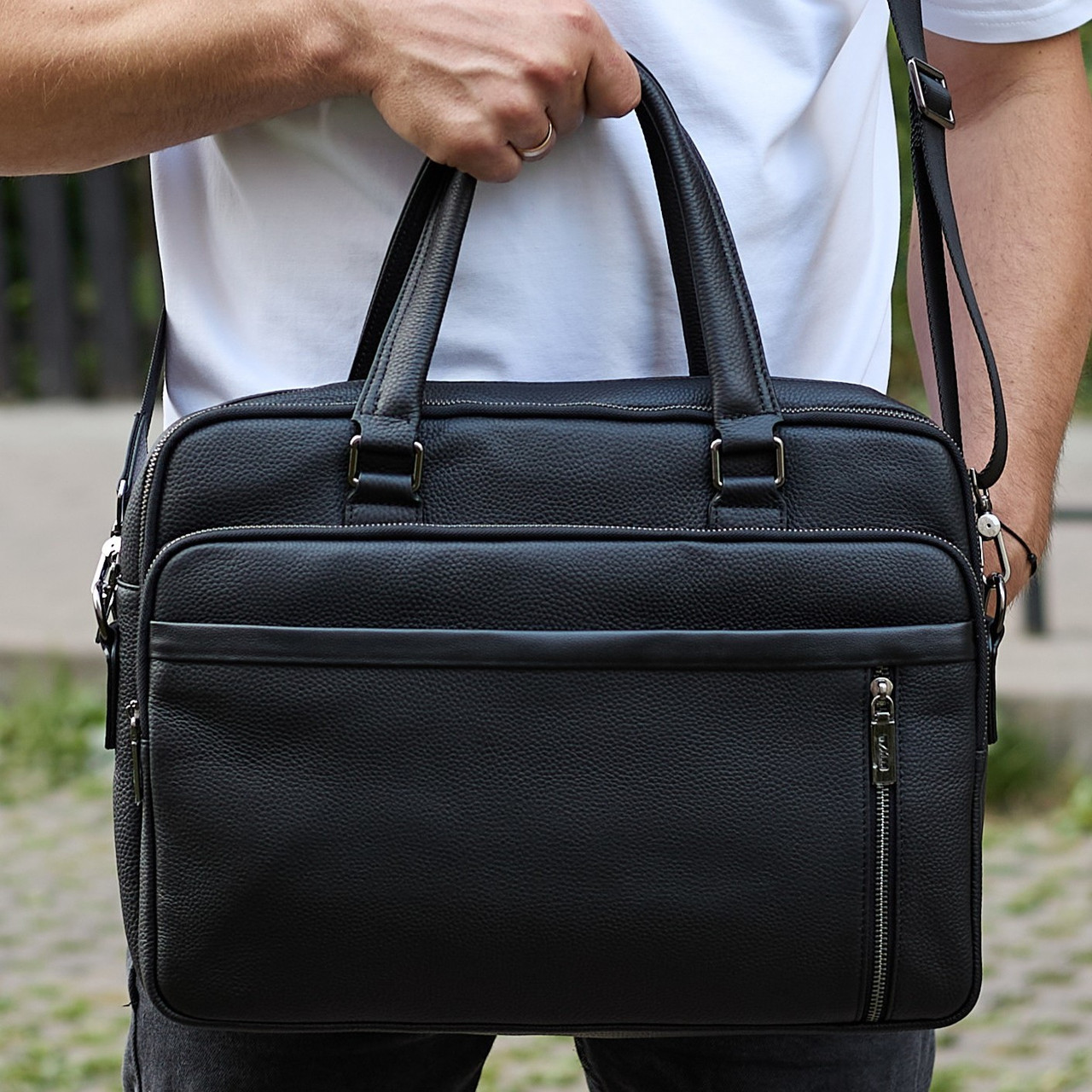 Офісна чоловіча сумка через плече 39х29х10, шкіряний портфель-месенджер для бізнесу, чорний, фото 1