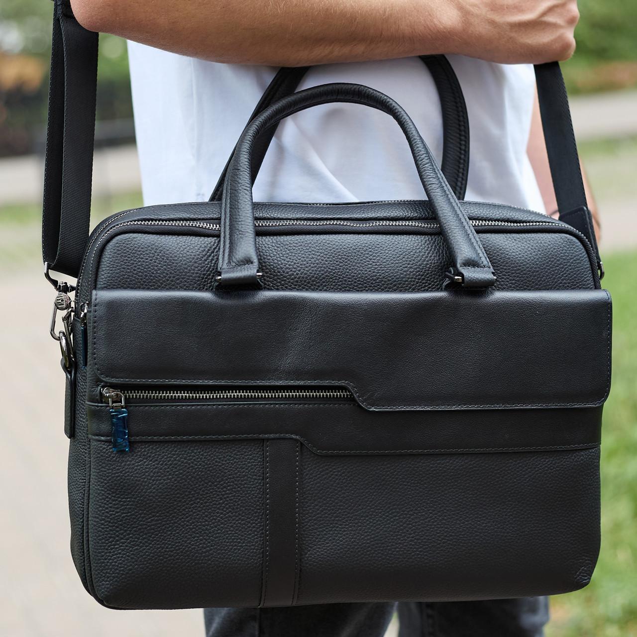 Чоловіча ділова сумка зі шкіри 39х29х10, класичний портфель для ноутбука та офісу, сумочка для студента, чорний, фото 1