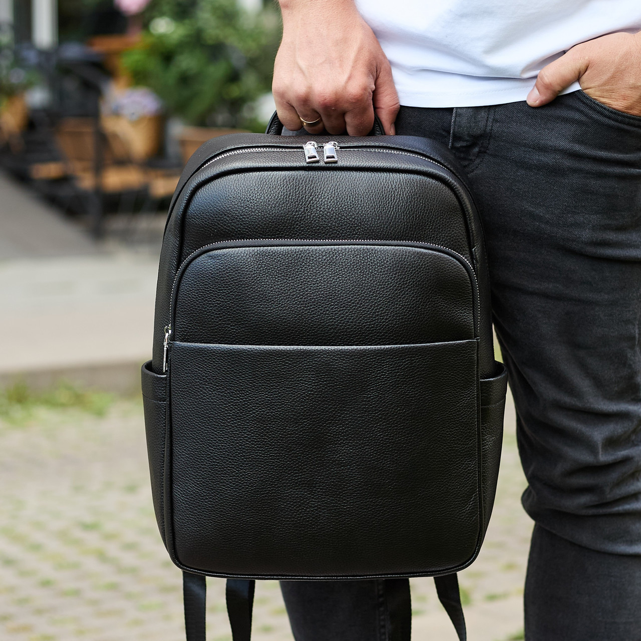 Універсальний чоловічий рюкзак із шкіри 41х31х16, зручний наплічник для ноутбука та документів, чорний, фото 1