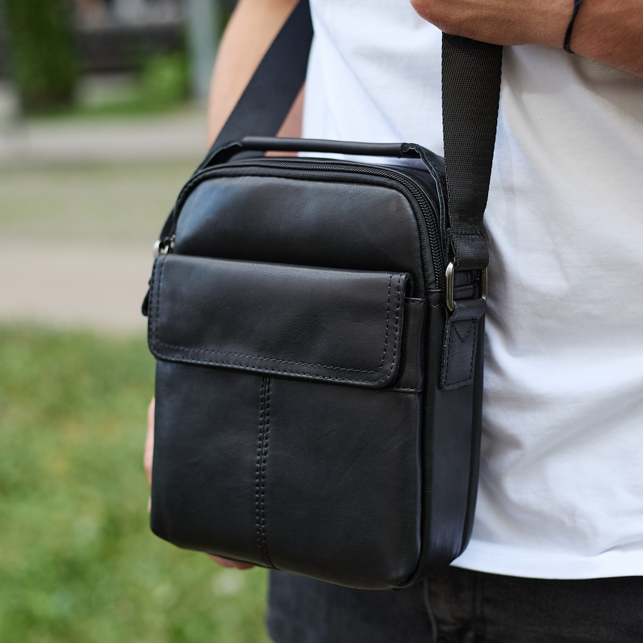 Чоловіча шкіряна сумка, барсетка з натуральної шкіри 24х18х8, сумочка для чоловіків, чорна, фото 1