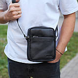 Чоловіча сумка через плече, гладкая кожа 20х16х6, месенджер для міста, барсетка для телефону та документів, чорна, фото 9
