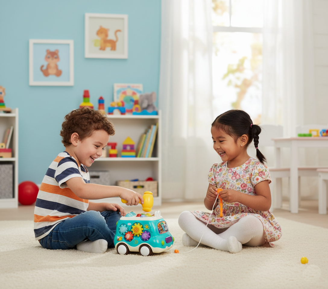 Інтерактивний музичний автобус для малюків дитяча розвивальна іграшка світло звук ксилофон шестерні риболовля, фото 1