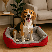 Лежанка для собак і котів м’яка з бортиками 54×42 см, ліжко-пуф для тварин з флісовим покриттям, розмір M Червона, A444-M-Red