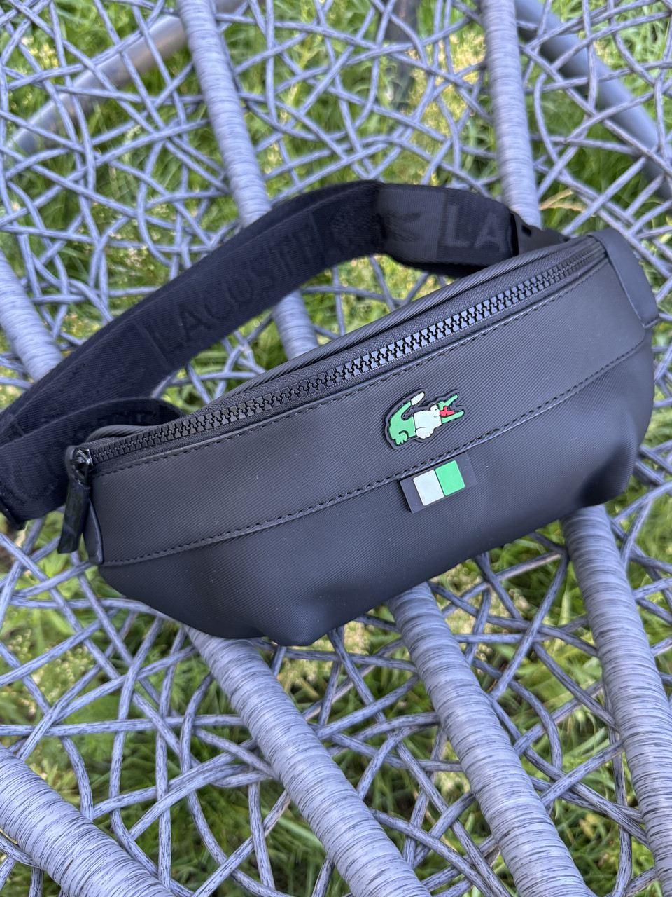 Сумка бананка Lacosste чоловіча чорна, бананка екошкіра, чоловіча бананка, фото 1