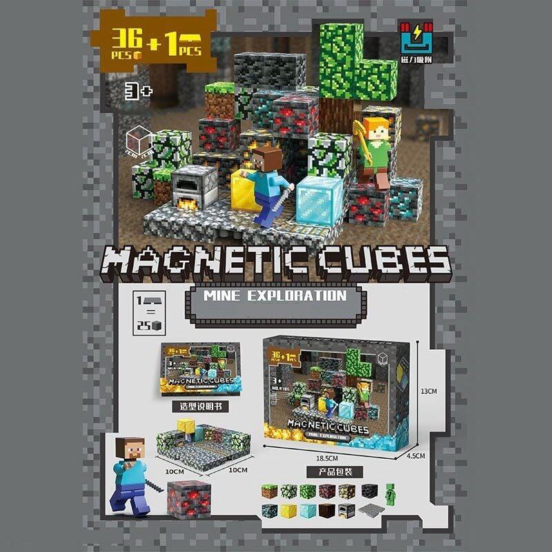 Магнітний конструктор Майнкрафт Minecraft Дослідження шахти 37 елементів 2 фігурки ребро кубика 2 см (4106), фото 1