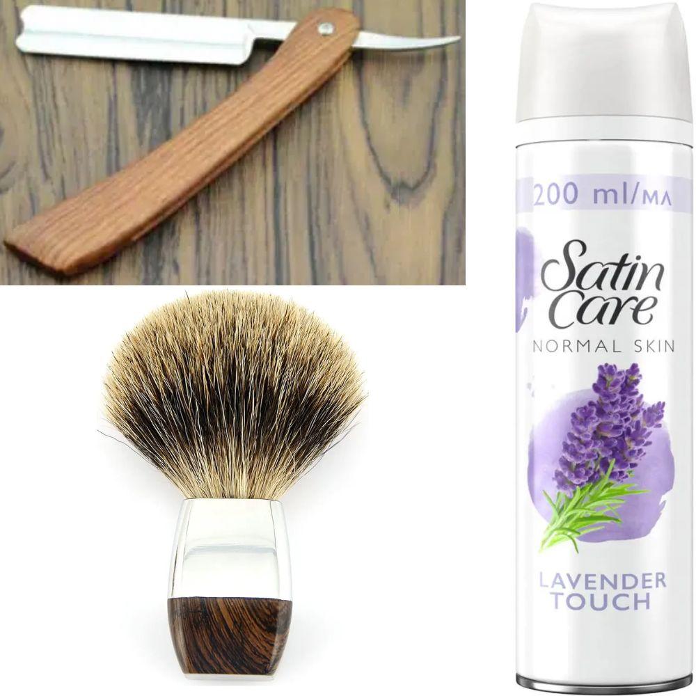 Небезпечна бритва/шавета розкладна Straight Razor + помазок борсук + гель для гоління Gillette Satin Care Gel Lavender 200 мл, фото 1