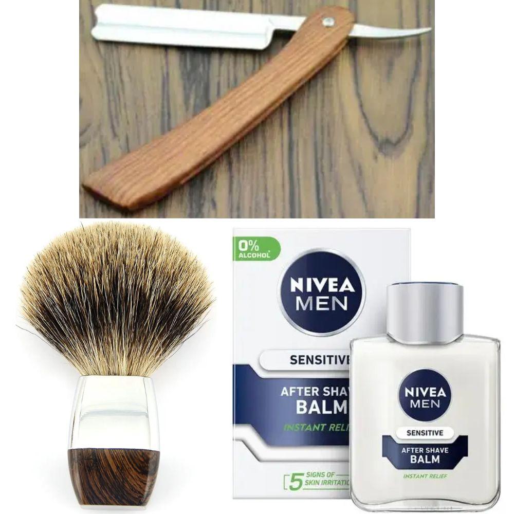 Небезпечна бритва/шавета розкладна Straight Razor + помазок борсук + бальзам після гоління Nivea Men Sensitivе 100 мл, фото 1
