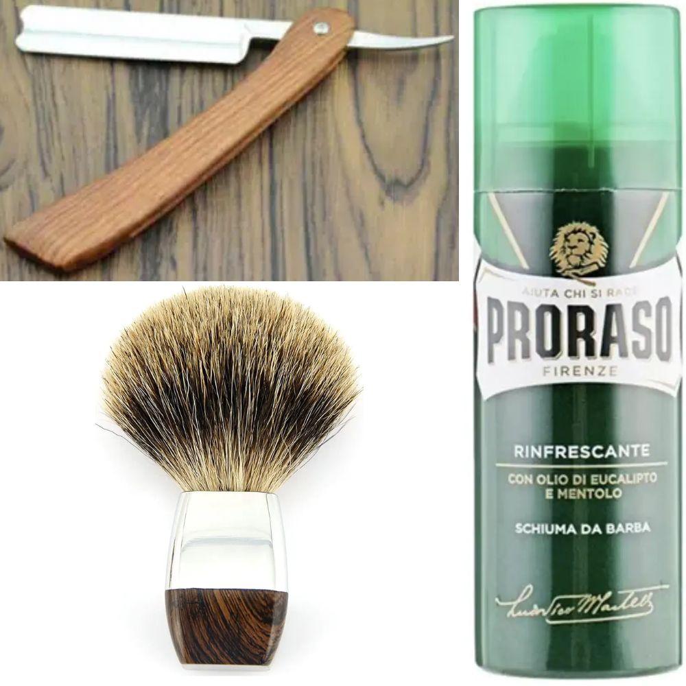 Небезпечна бритва/шавета розкладна Straight Razor + помазок борсук + піна для гоління Proraso тонізуюча з евкаліптом і ментолом, фото 1