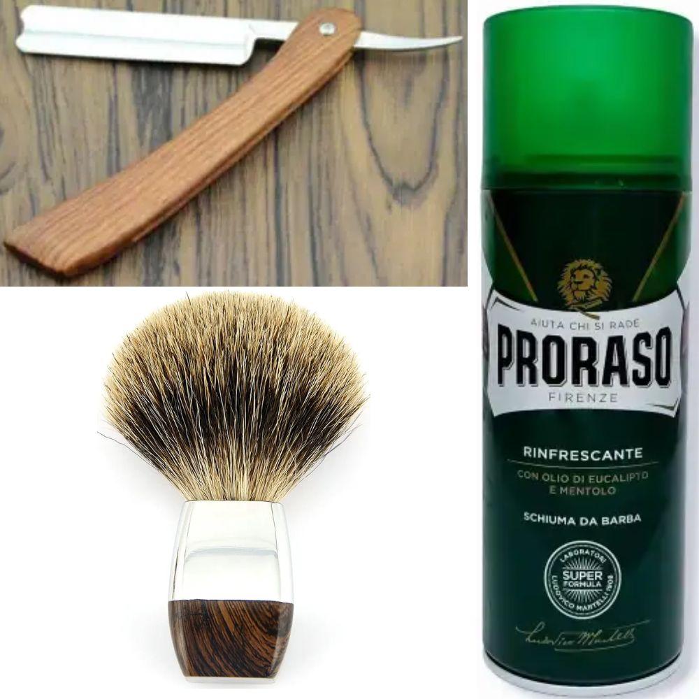 Небезпечна бритва/шавета розкладна Straight Razor + помазок борсук + піна для гоління Proraso тонізуюча з евкаліптом і ментолом, фото 1