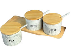Набір банок 3 шт. із кришками та ложками з бамбуковою тацею для зберігання сипких 300 мл Сірий