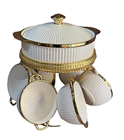 Керамічний столовий сервіз для подавання супу з кришкою та чашами на підставці з позолотою 7 предметів Білий