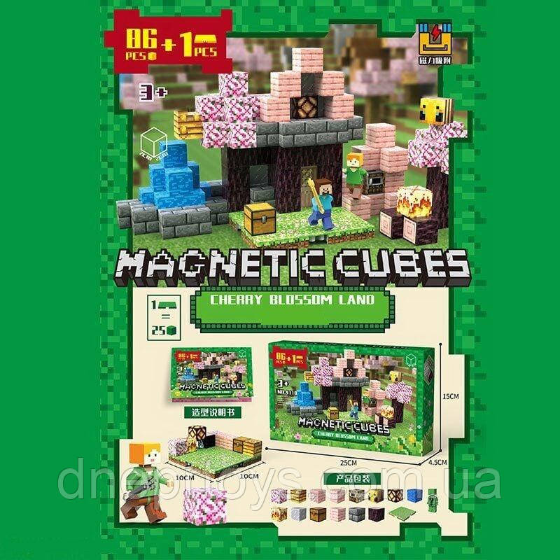 Магнітний конструктор Майнкрафт Земля цвітіння сакури 87 елементів 2 фігурки ребро кубика 2 см (4110), фото 1