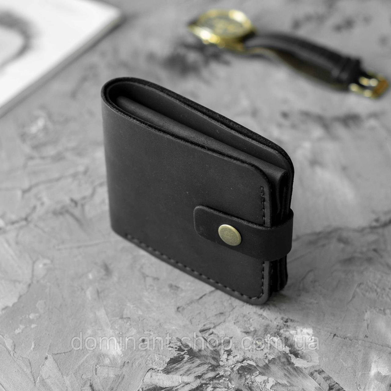 Шкіряний гаманець (портмоне) Comfort Black унісекс Crazy Horse з монетницею, фото 1