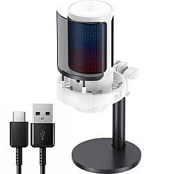 Ігровий мікрофон USB зі стійкою, Білий / Конденсаторний мікрофон для комп'ютера / Студійний мікрофон настільний