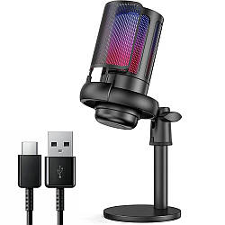 Ігровий мікрофон USB зі стійкою, Чорний / Конденсаторний мікрофон для комп'ютера / Студійний мікрофон настільний