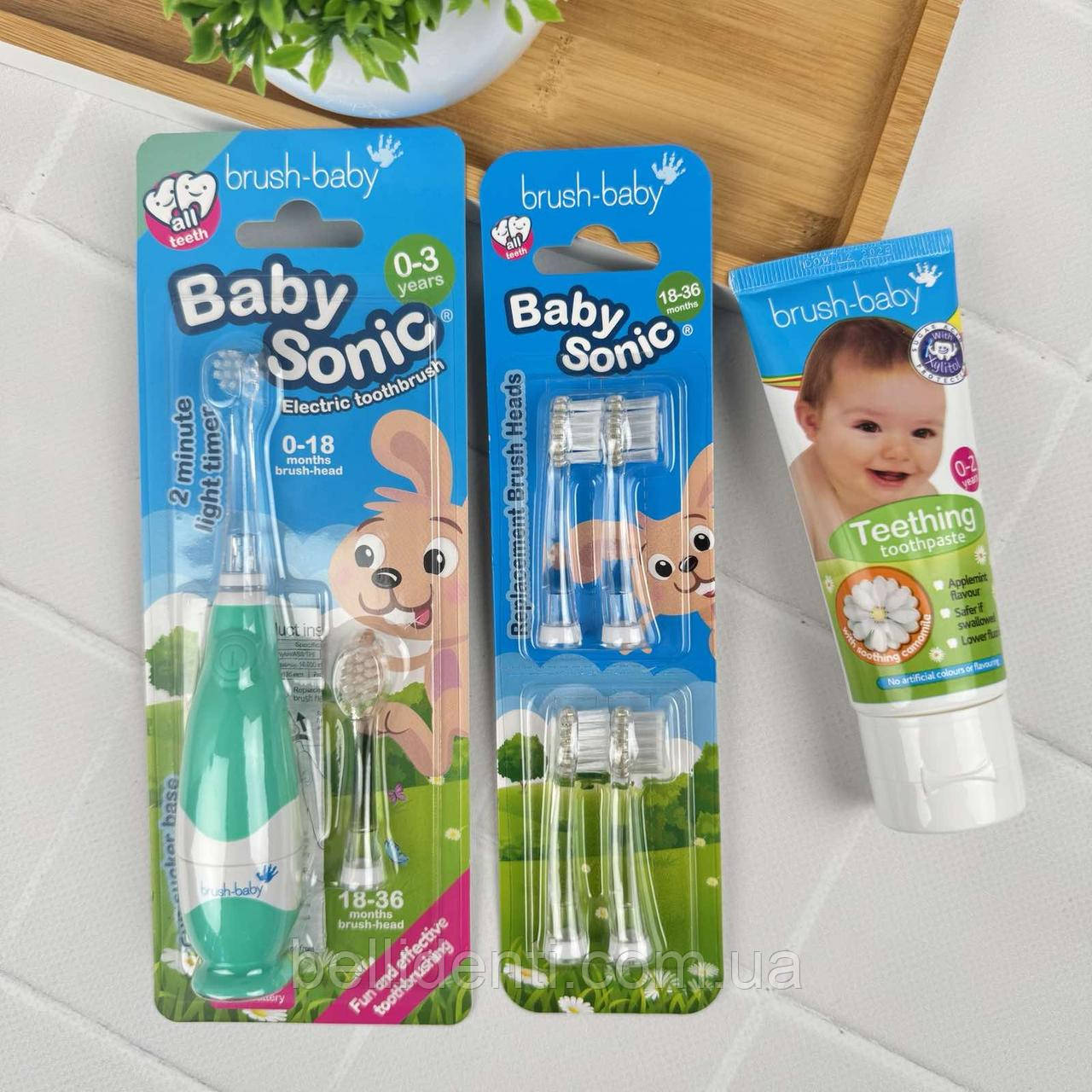 Набір Brush-Baby BabySonic від 0 до 3 років (паста 50 мл Teething, бірюзова щітка і насадки), фото 1
